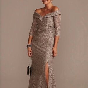 Oleg Cassini Portobello Lace Ruched Off-Shoulder Gown